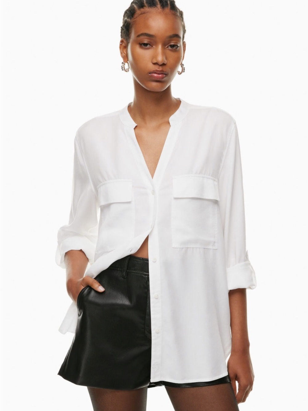Babaton Utility Collarless Shirt White Button-Front Pocket Shirt size XS